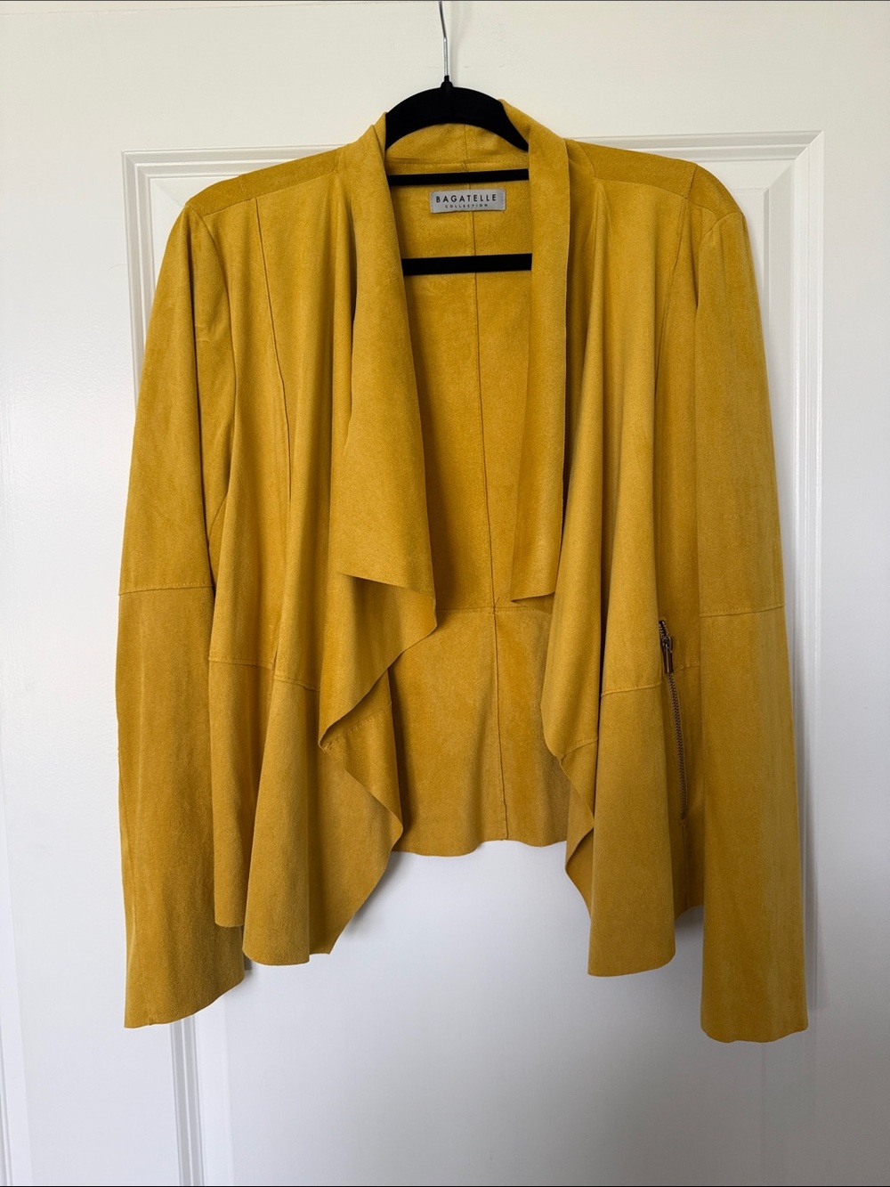 bagatelle mustard draped suede open-front jacket